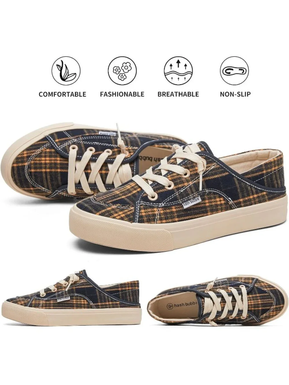 Women's Plaid Navy Blue Round Toe Solid Non Slip Slip on Loafer Sneaker Shoes